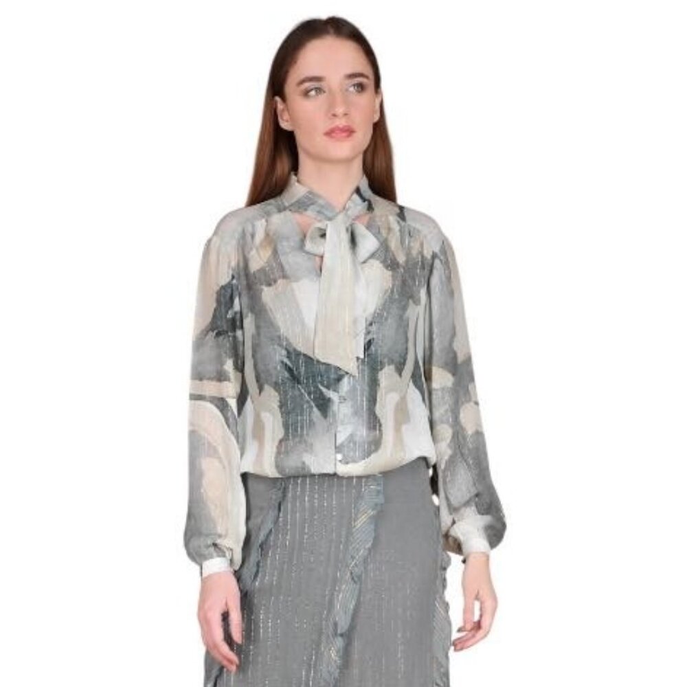 Anthropologie Bl^nk Grey Marble Print Neck Tie Semi Sheer Moira Shirt NWT - Picture 1 of 13